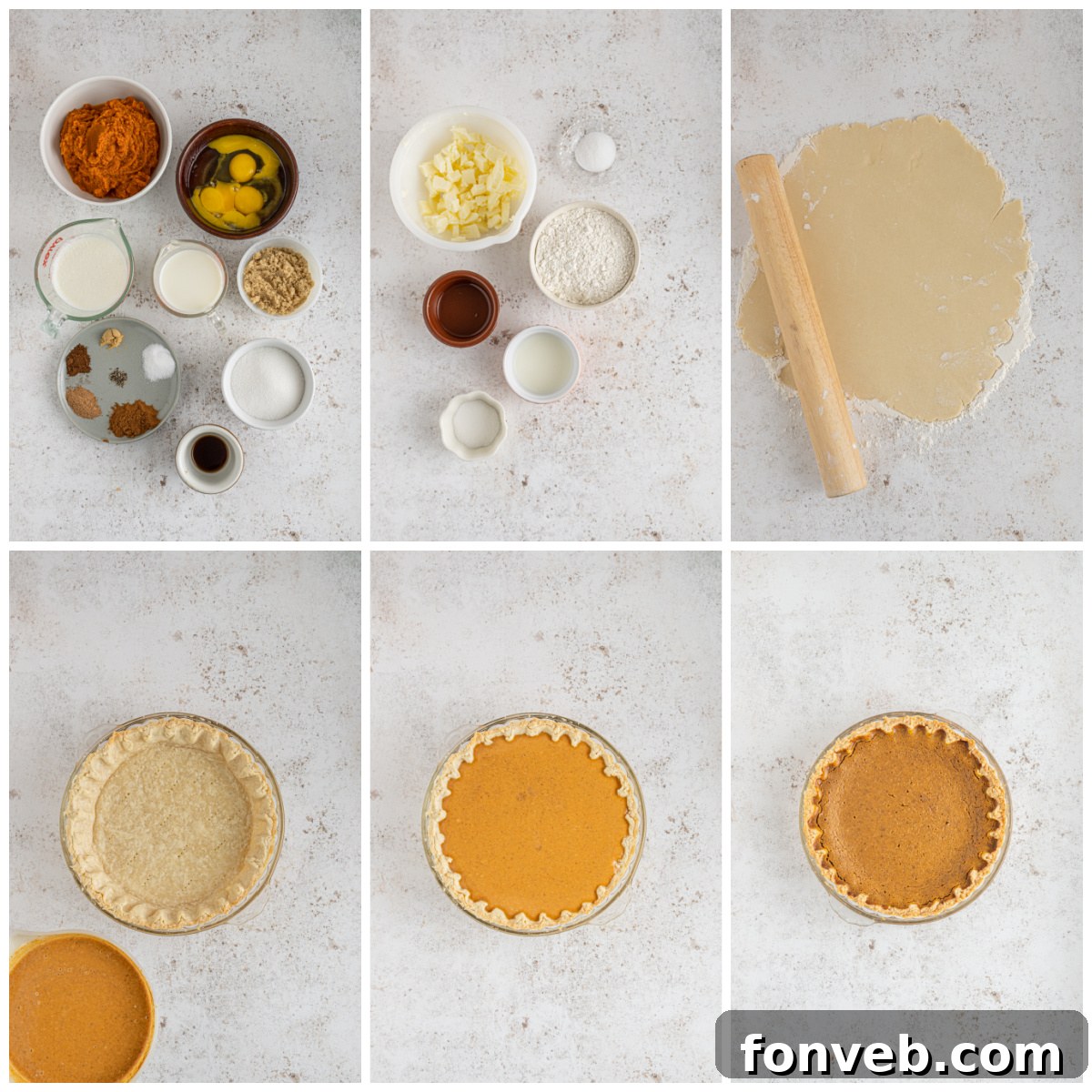Velvet Pumpkin Dream Pie 3 A visual collage showcasing the fresh ingredients and step-by-step assembly process of the Pumpkin Custard Pie, from mixing the crust to preparing the creamy filling.