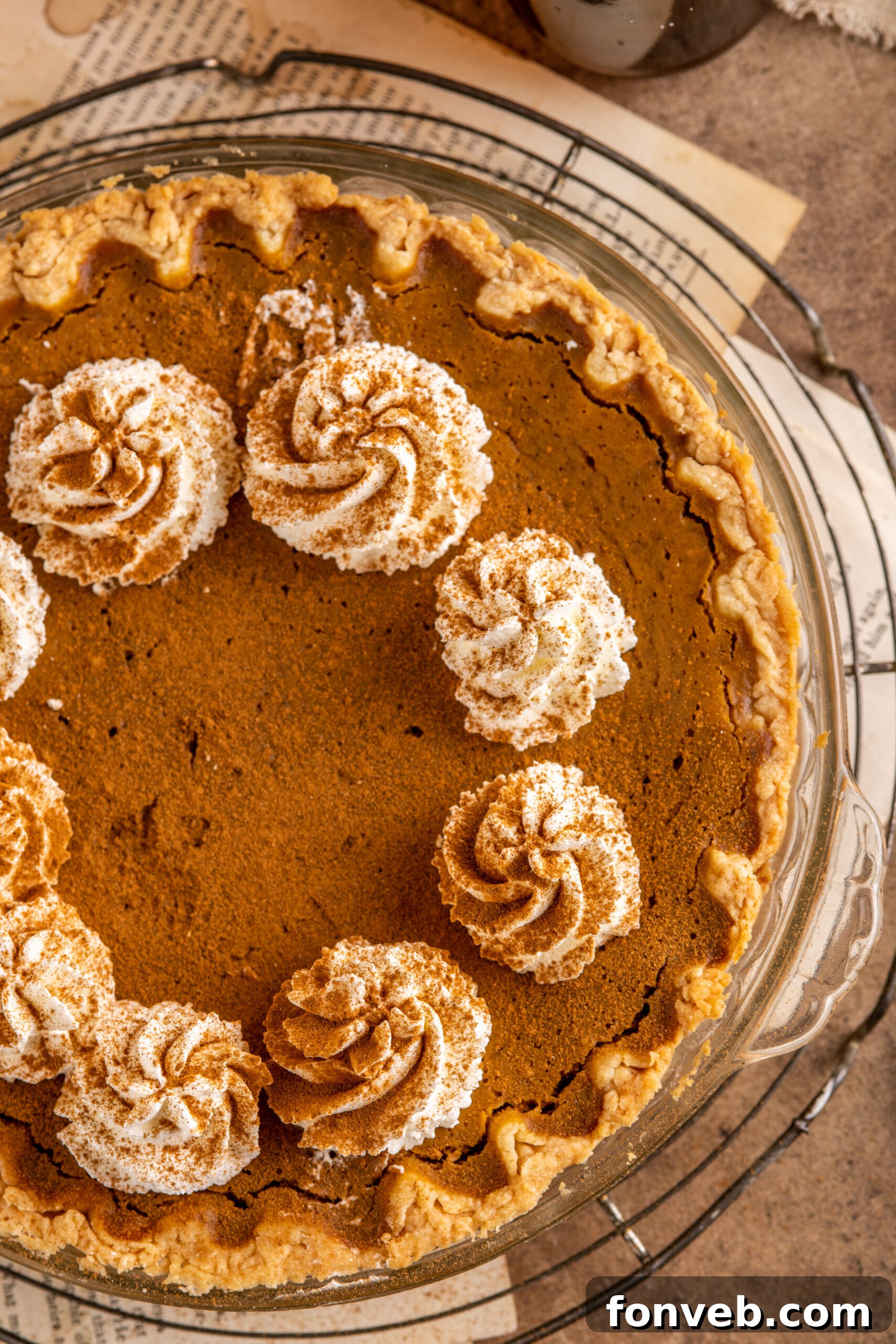 Velvet Pumpkin Dream Pie 5 A beautifully baked Pumpkin Custard Pie in a clear dish, generously topped with cinnamon and artful swirls of whipped cream, ready to be served.