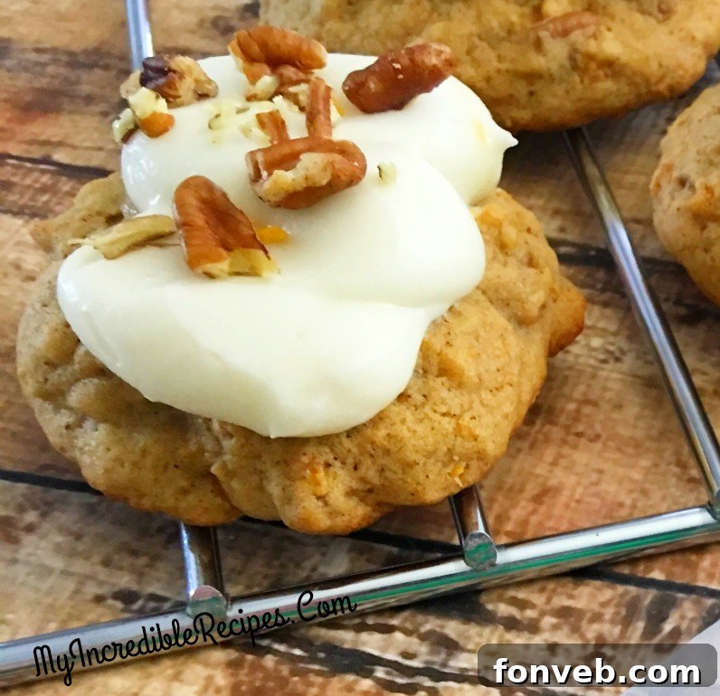 A split image showing carrot cake cookies both with and without frosting
