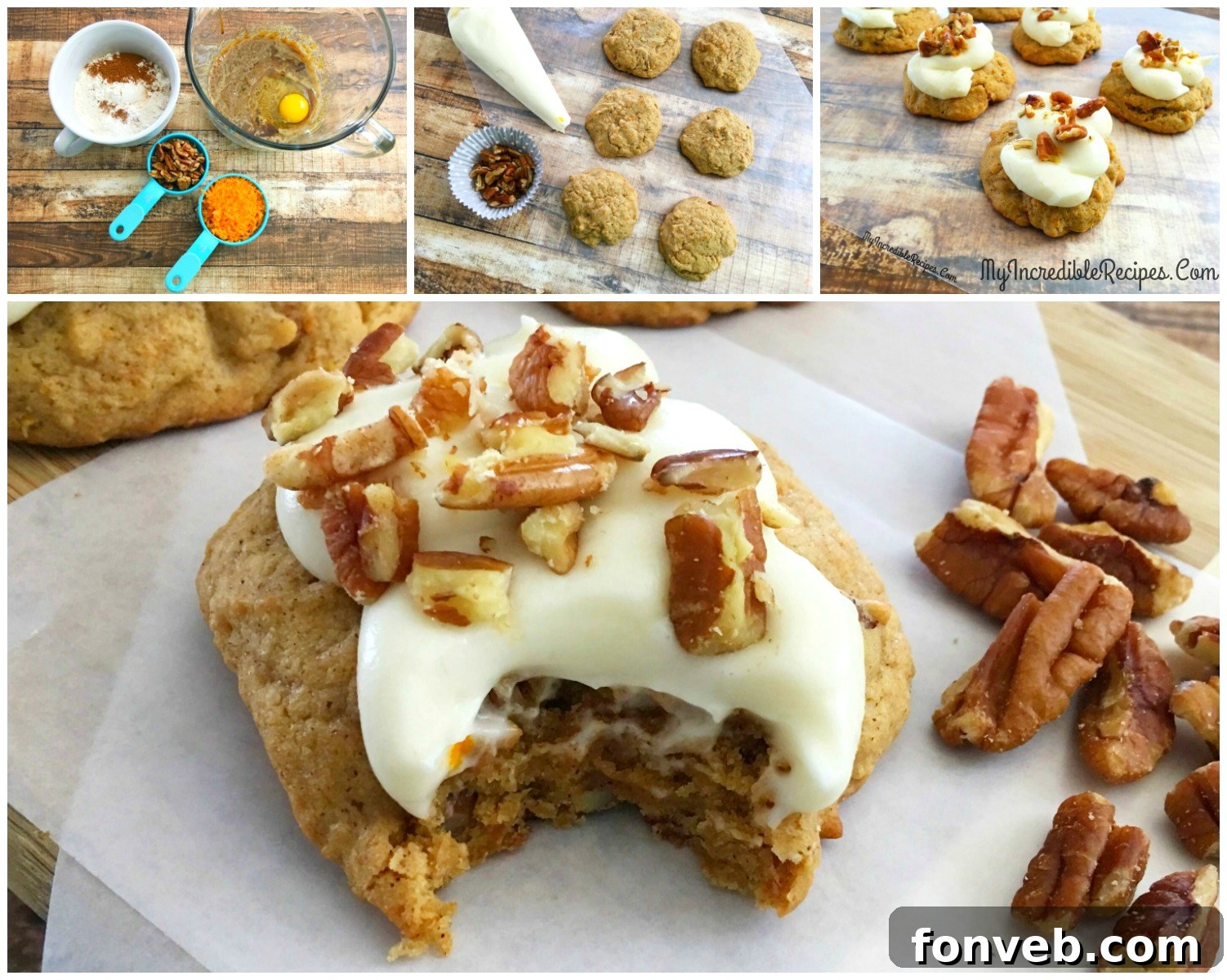 Carrot cake cookie recipe collage for sharing on social media, featuring frosted cookies and ingredients