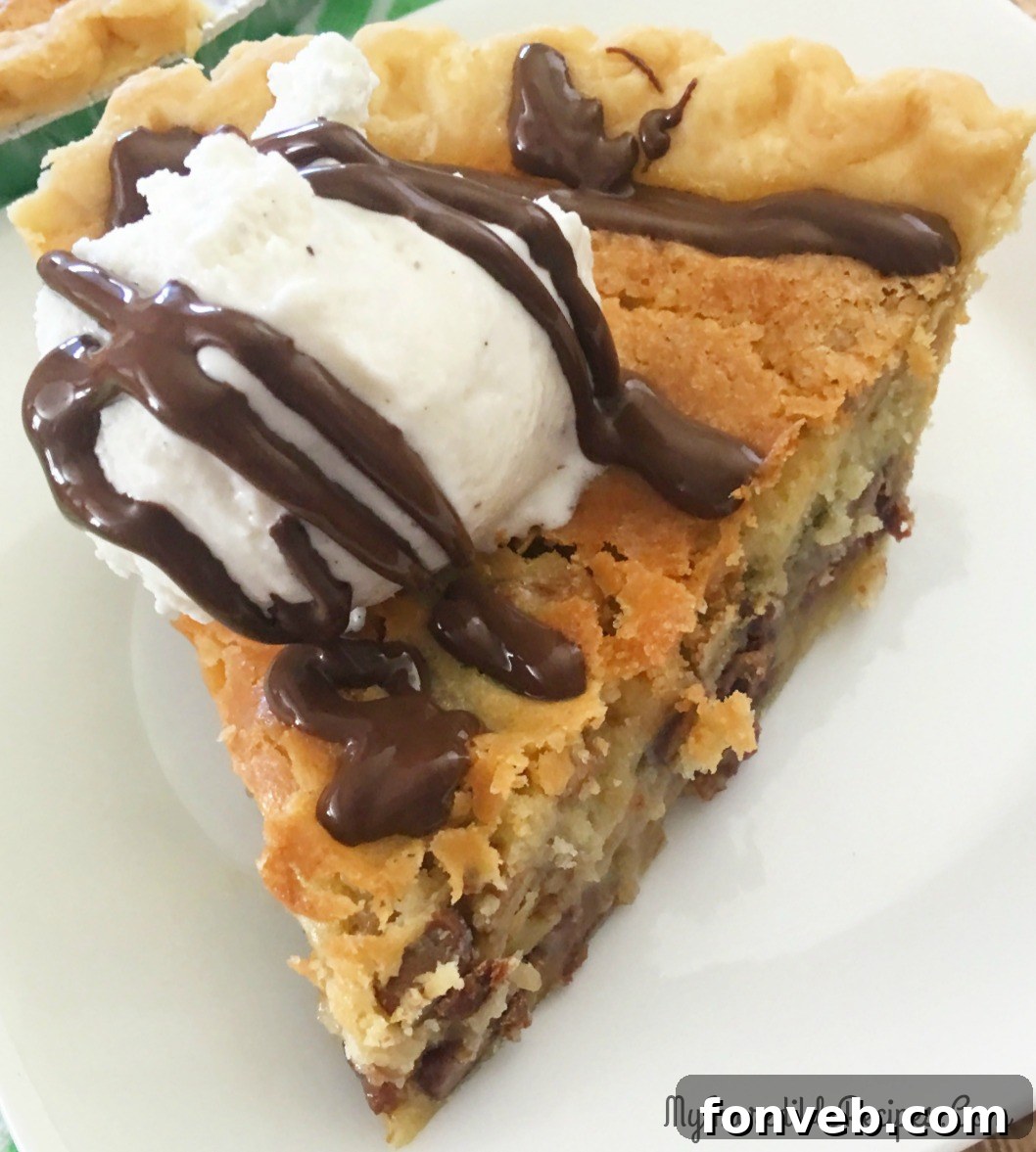 Close-up of the gooey center of a chocolate chip pie