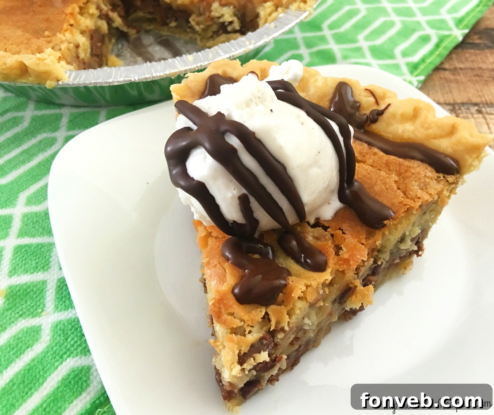 A warm chocolate chip pie with a retro feel