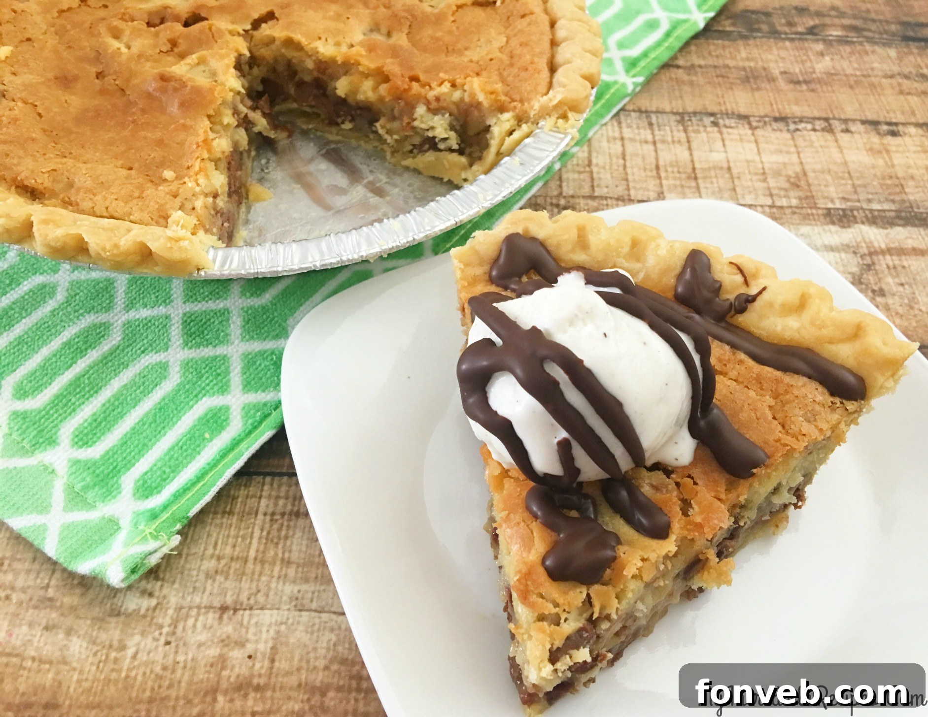 A whole Vintage Toll House Chocolate Chip Pie fresh from the oven