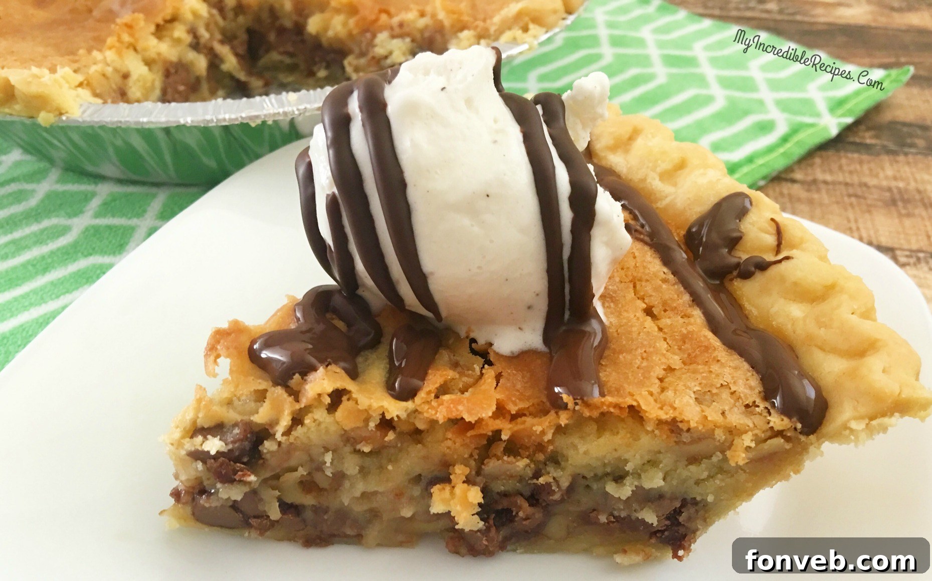 Beautifully baked chocolate chip pie with a glossy, golden surface