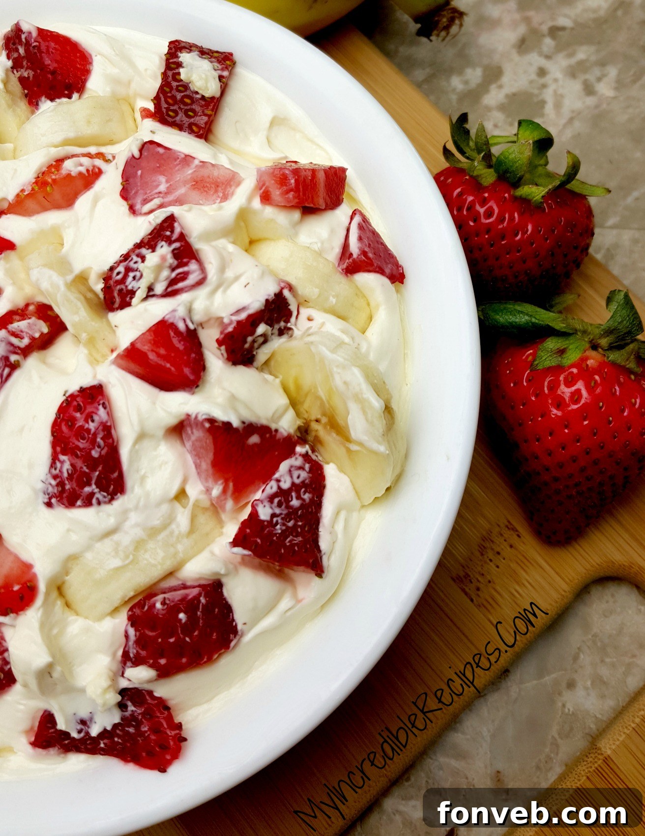 Strawberry Banana Cheesecake Delight 11 A wide shot of the Strawberry Banana Cheesecake Salad, showing its inviting presentation.