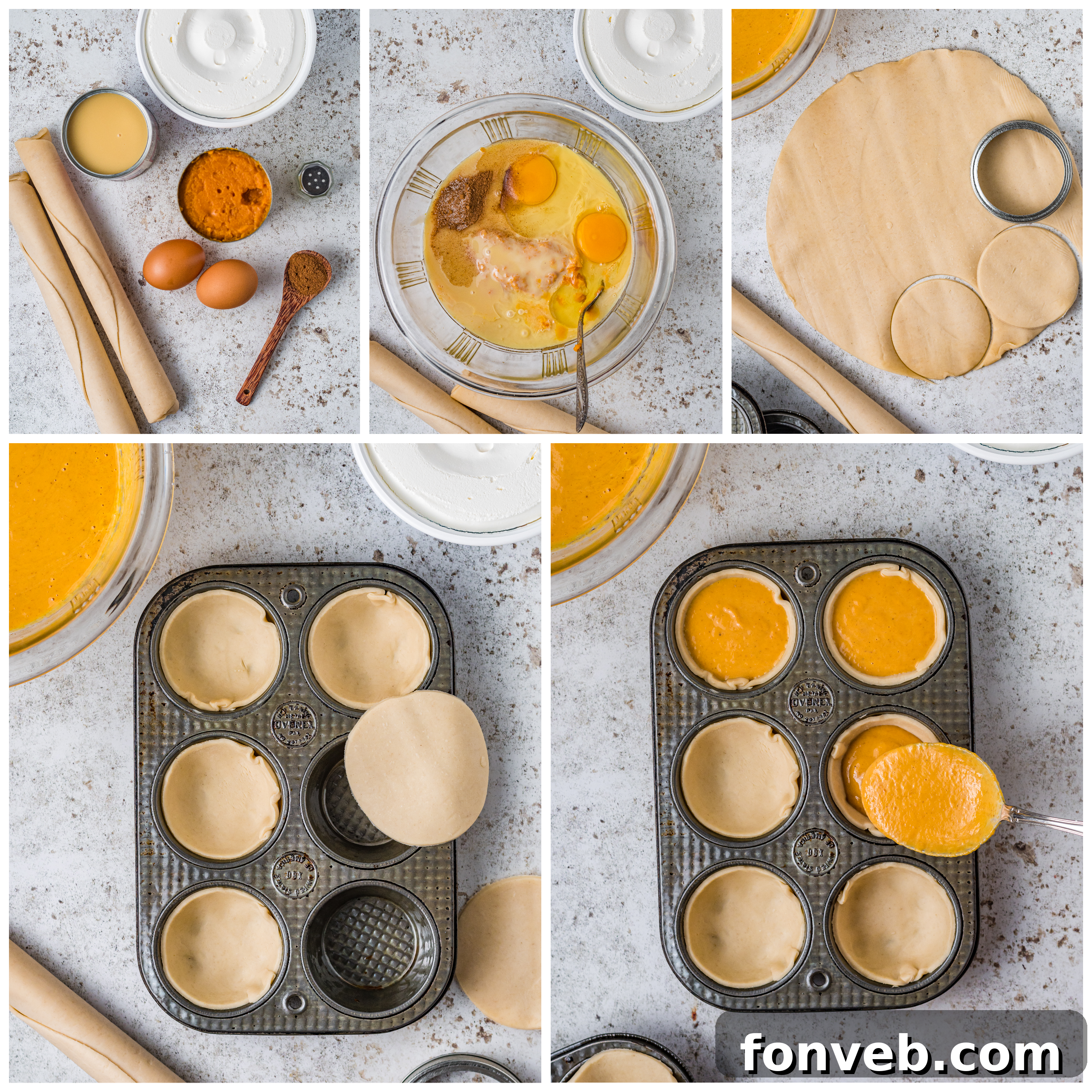 Collage photo demonstrating how to assemble mini pumpkin pies in a muffin tin