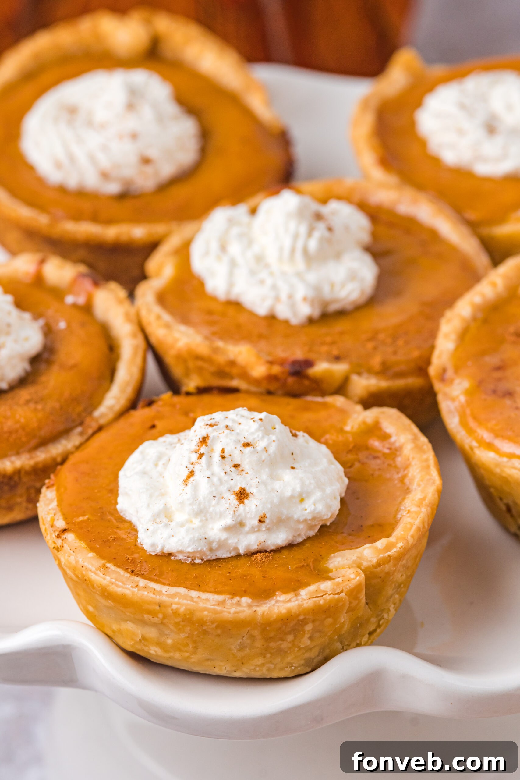 Close-up shot of mini pumpkin pies on a white serving platter, topped with whipped cream