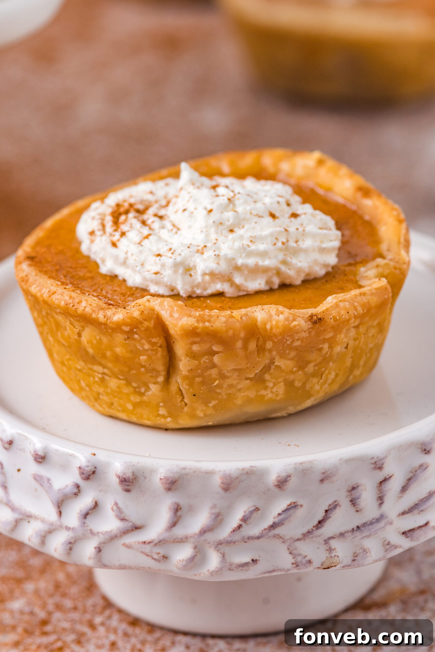 A single mini pumpkin pie sitting on a white cake stand, topped with whipped cream