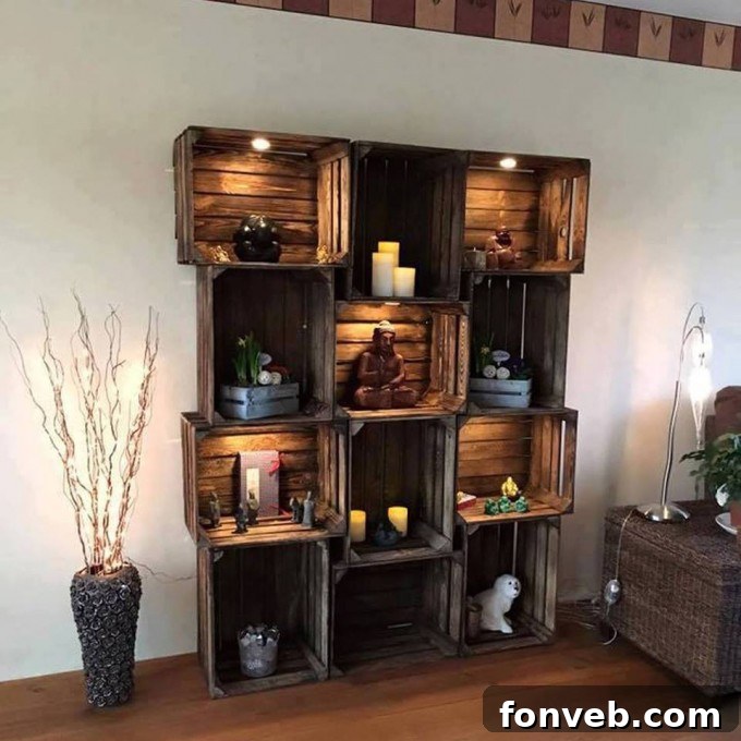 Inspiring Pallet Creations for Your Home 3 Rustic pallet crate shelves with integrated lighting, ideal for unique storage