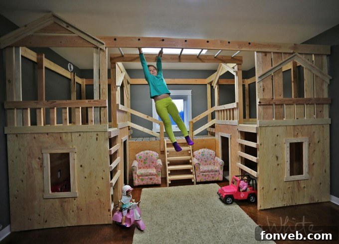 Inspiring Pallet Creations for Your Home 11 DIY Indoor Wood Playground with monkey bars made from pallets, fun for kids