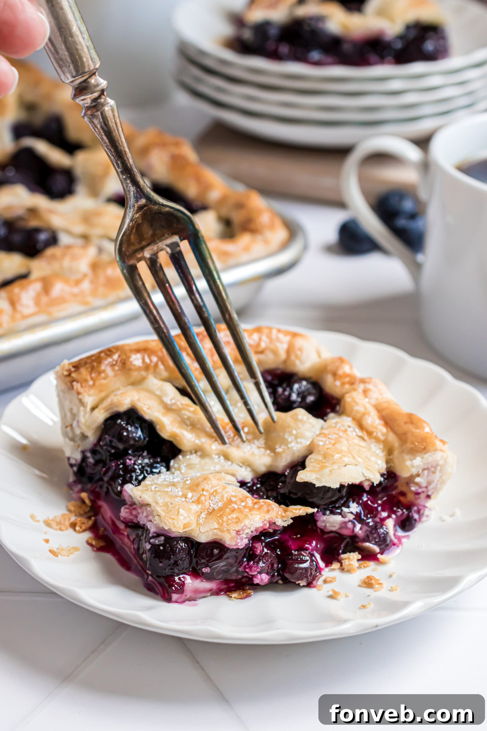 A delightful slice of Blueberry Slab Pie presented on a white plate, with a scattering of fresh blueberries and rustic cinnamon sticks adorning the background.