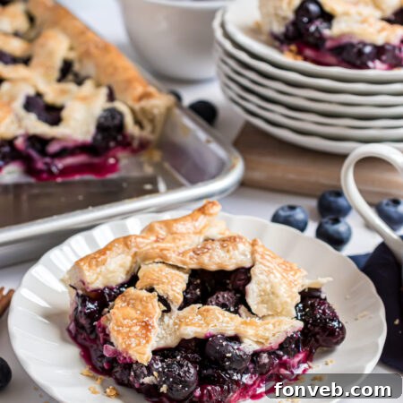 A delightful slice of Blueberry Slab Pie on a white plate with fresh blueberries and cinnamon sticks in the background.