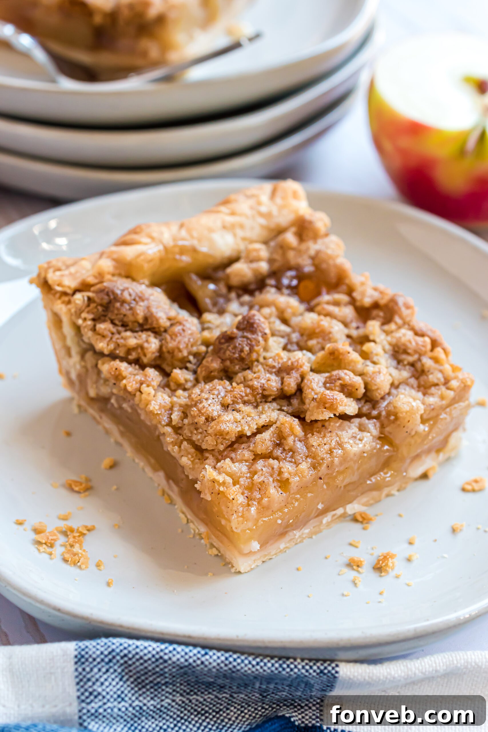 Up close shot of the apple slab pie on a white plate 