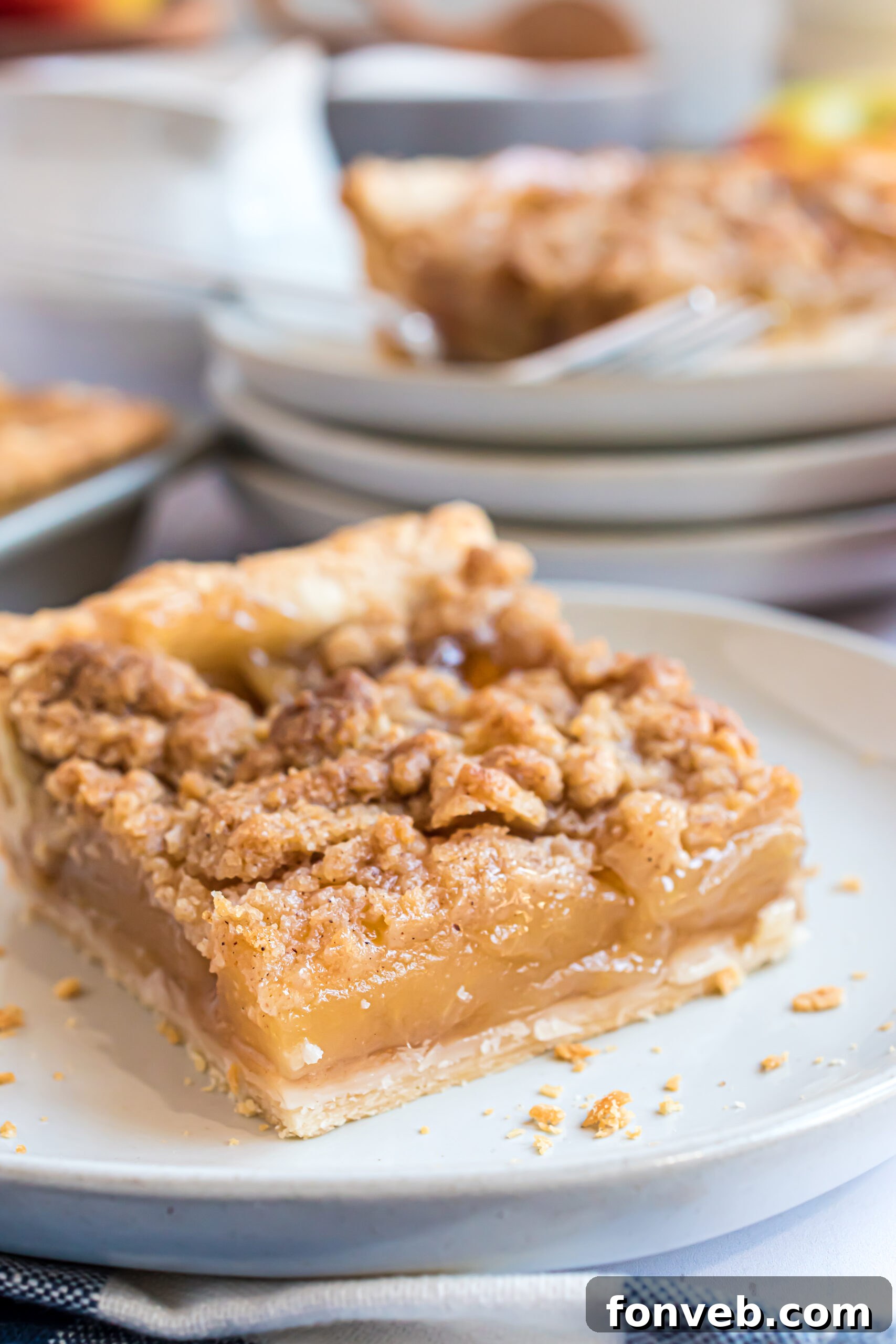 Up close shot of a slice of Apple slab pie on white serving plate