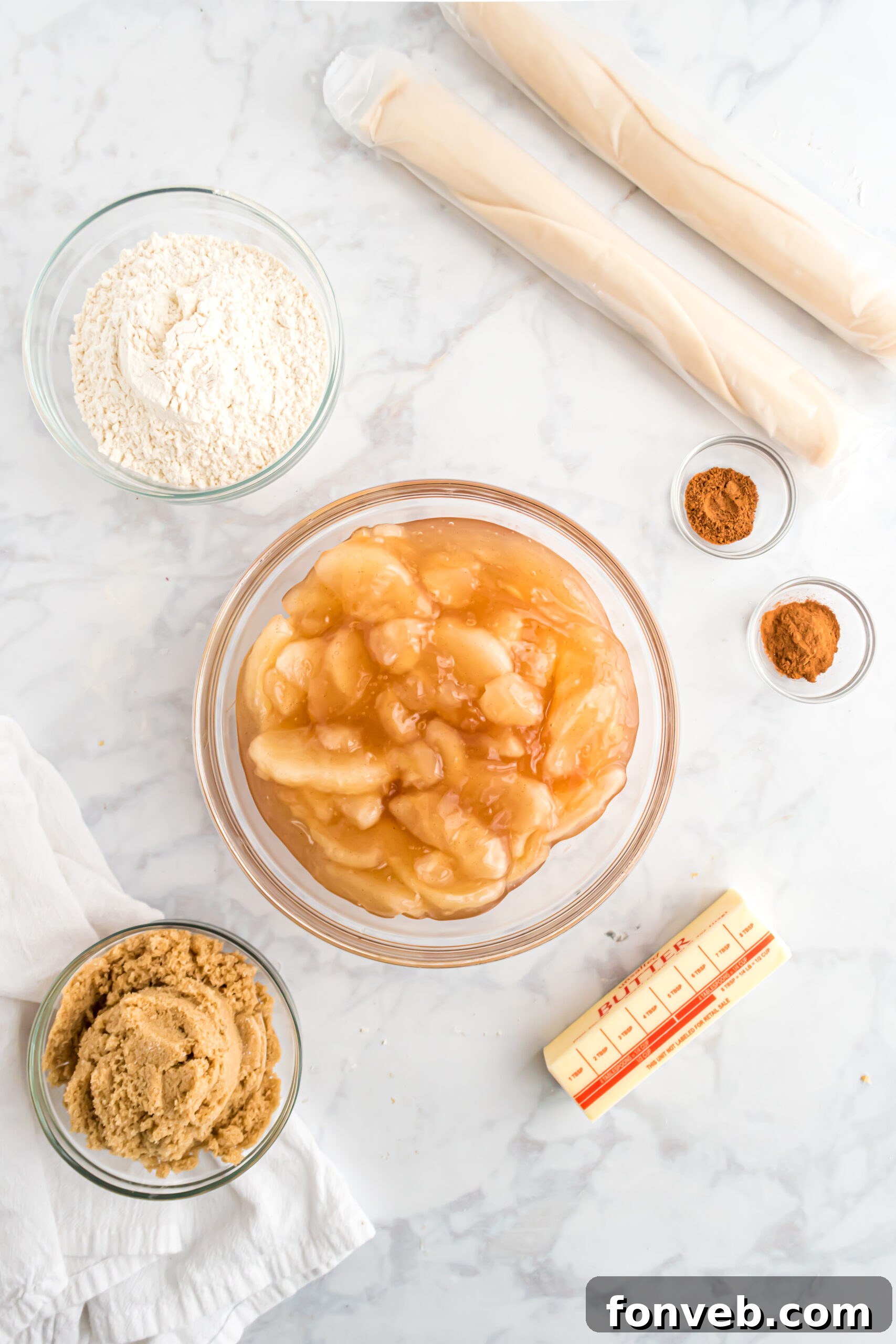 Overhead shot of ingredients needed for apple slab pie.