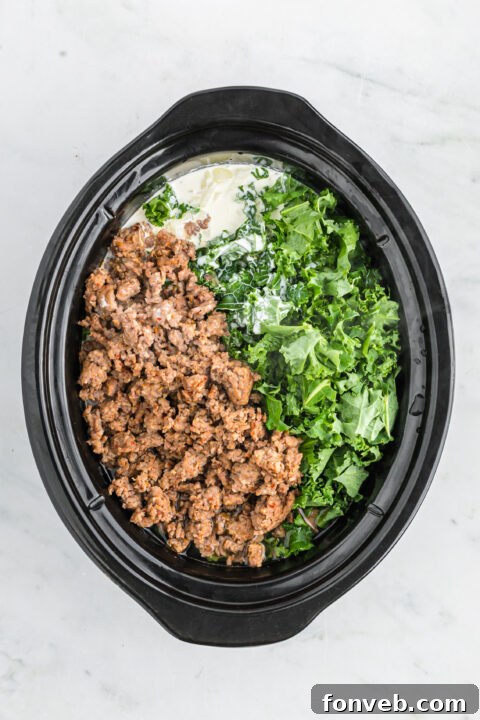 Overhead view of ingredients in the inner slow cooker pot. 