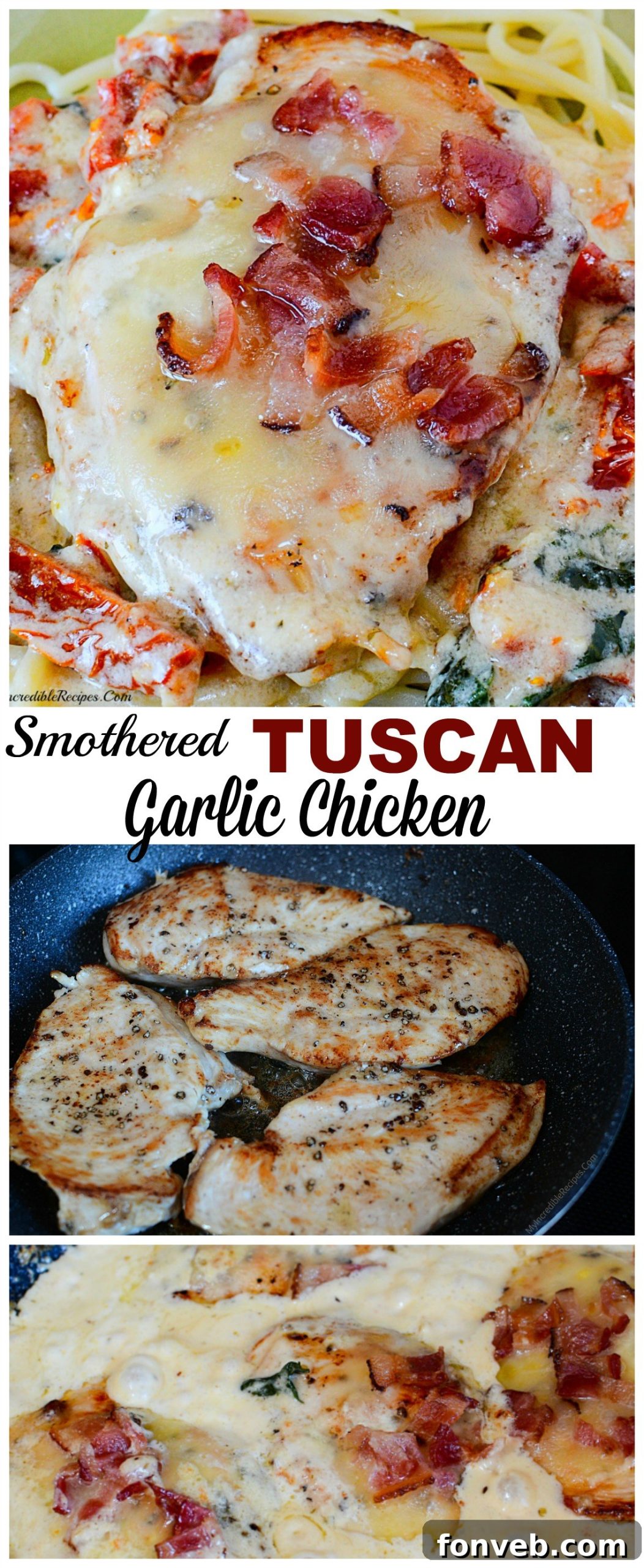 Pinterest collage featuring multiple photos of the creamy garlic bacon mozzarella chicken
