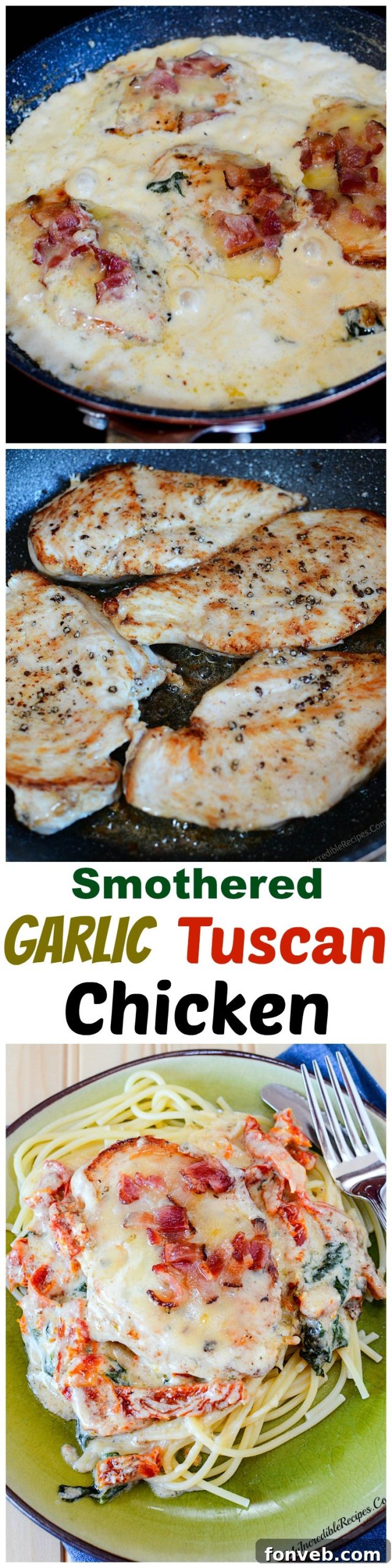 Pinterest banner for Tuscan Chicken, related to creamy chicken and pasta recipes