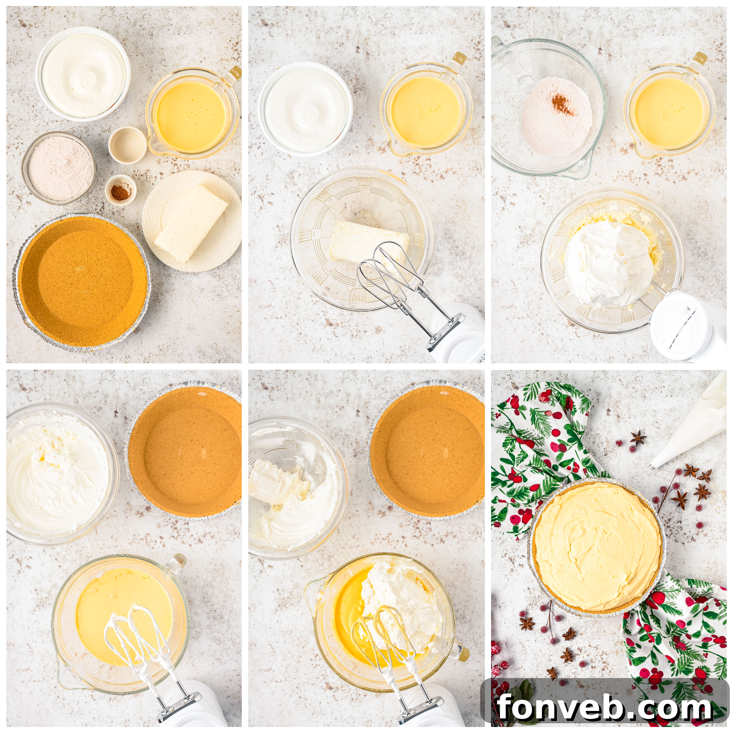 Overhead view of the steps to making Eggnog Pie. 