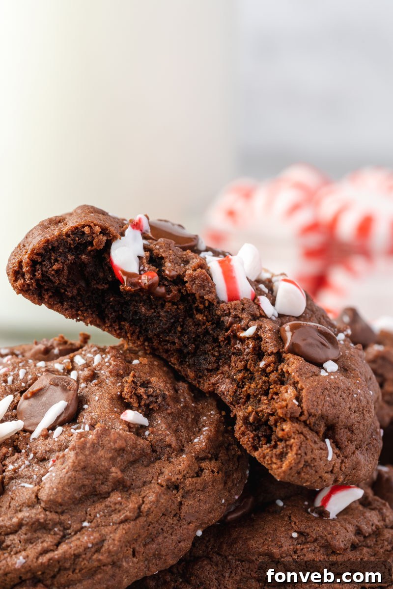 Festive Peppermint Chocolate Delights 12 A Double Chocolate Peppermint Cookie sliced open, revealing its deliciously gooey chocolate interior.