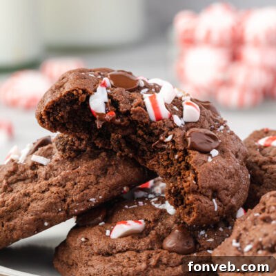A stack of Chocolate Peppermint Cookies on a white plate with a bite taken, highlighting the rich chocolate and peppermint topping.
