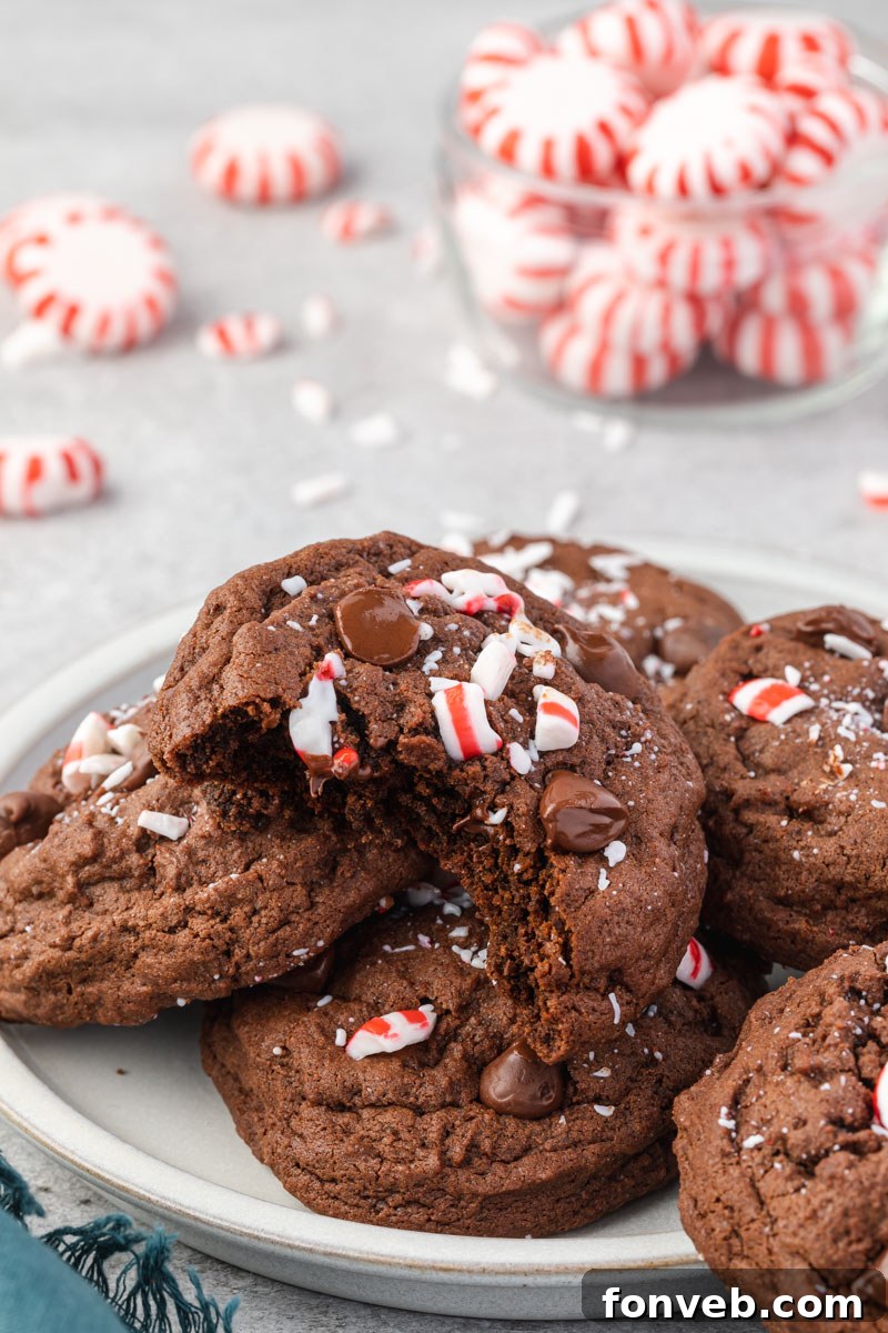 Festive Peppermint Chocolate Delights 10 Double Chocolate Peppermint Cookies neatly arranged on a white plate, with a decorative jar of peppermint candies blurred in the background.