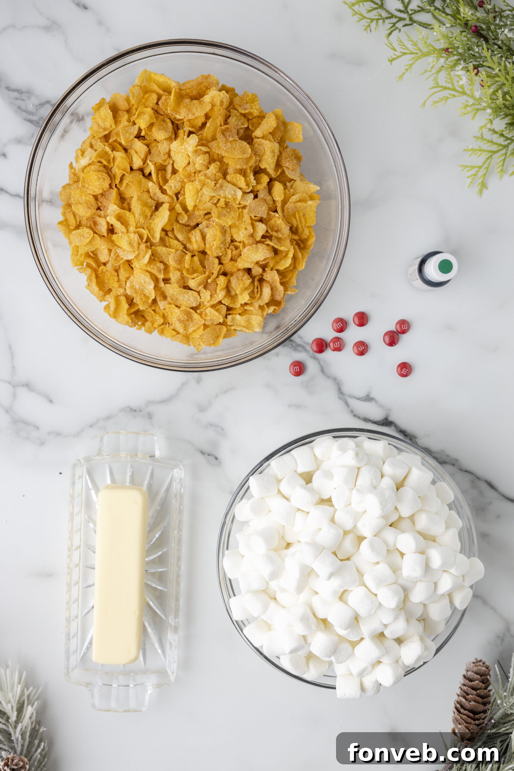 Overhead view of all the simple ingredients laid out to make delicious cornflake wreaths.