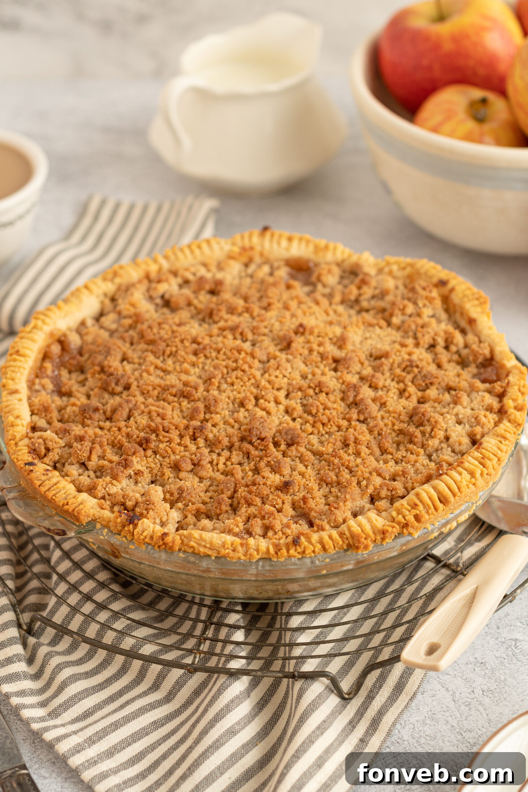 Golden Dutch Apple Crumb Delight 11 a photo of the Dutch apple pie unsliced in a glass pie dish