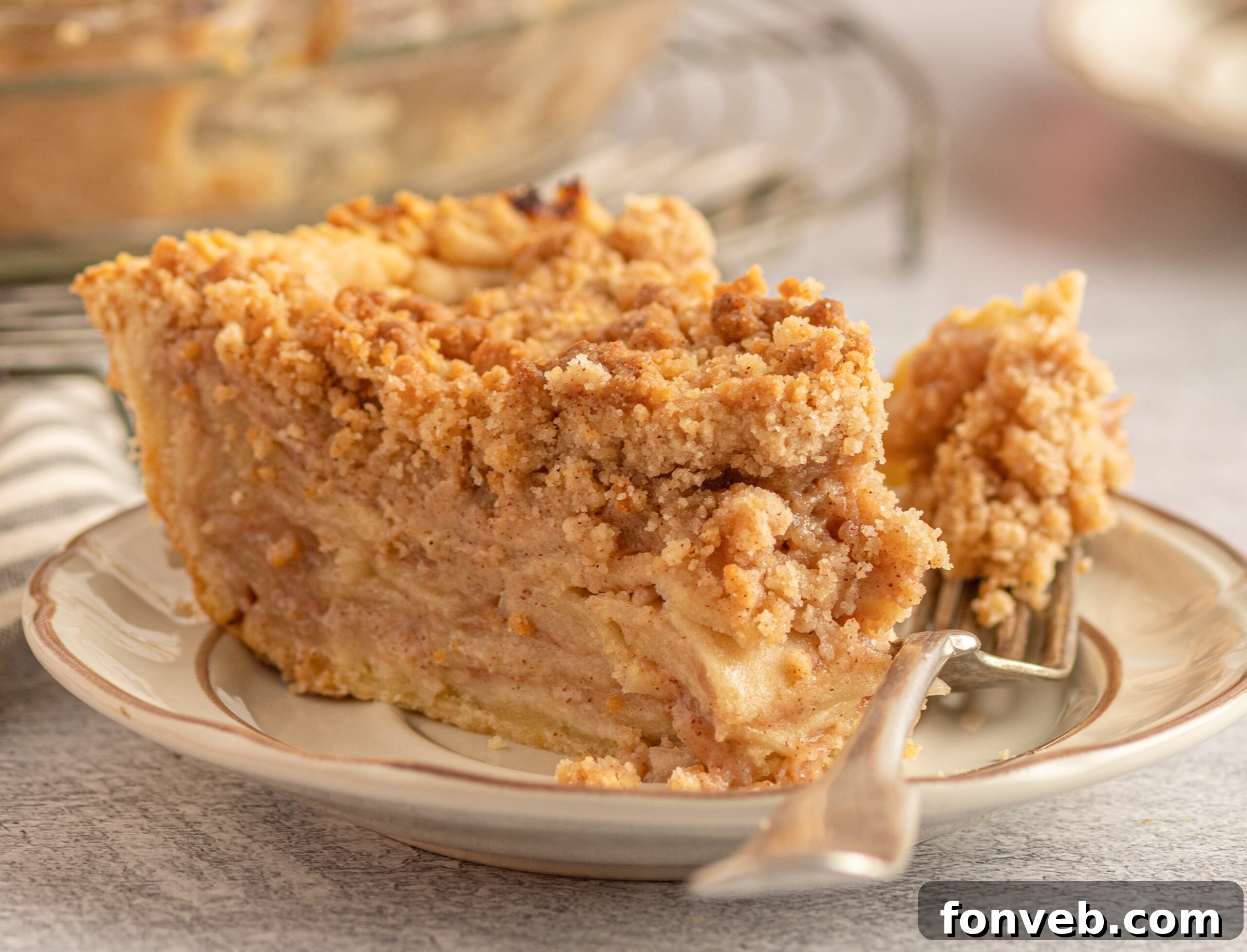 Golden Dutch Apple Crumb Delight 4 Dutch apple pie slice o a play with a fork bite laying next to it.