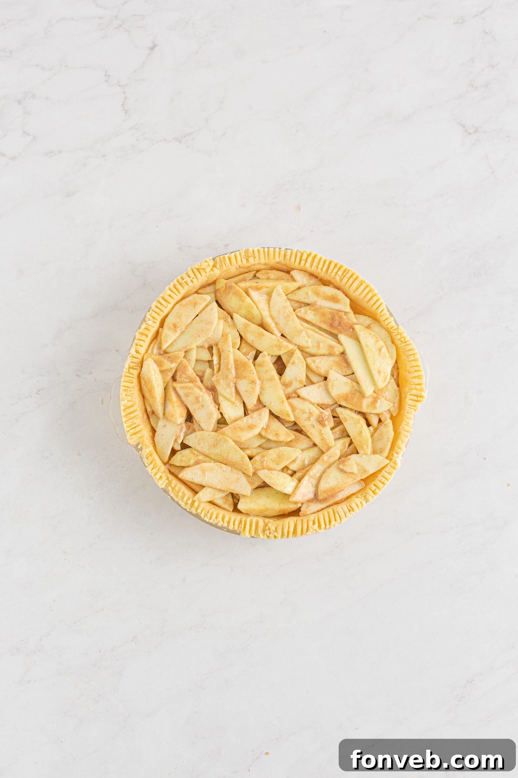 Golden Dutch Apple Crumb Delight 8 Overhead shot of the apples added into the unbaked crust.