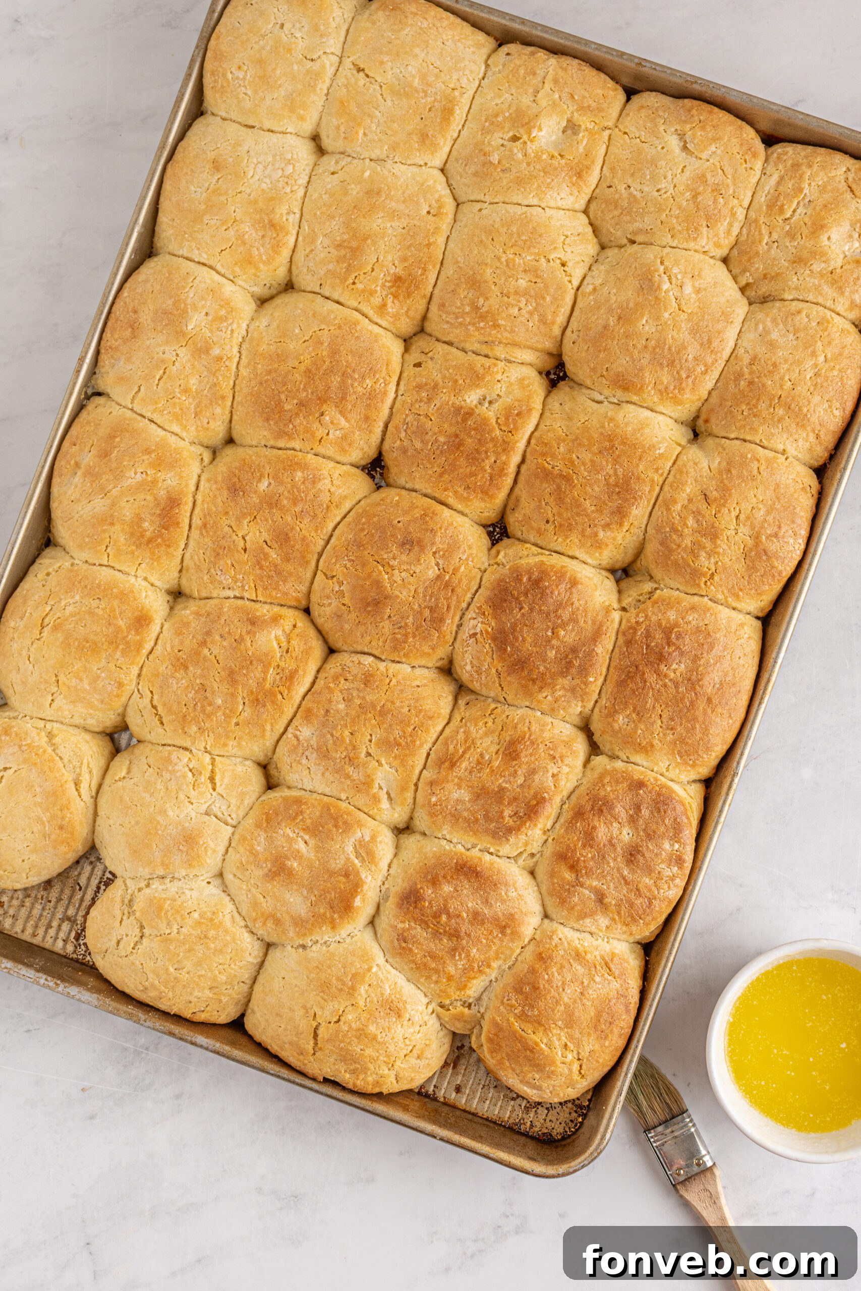 An overhead shot of a batch of perfectly golden-brown Angel Biscuits cooling in a baking pan, ready to be served.