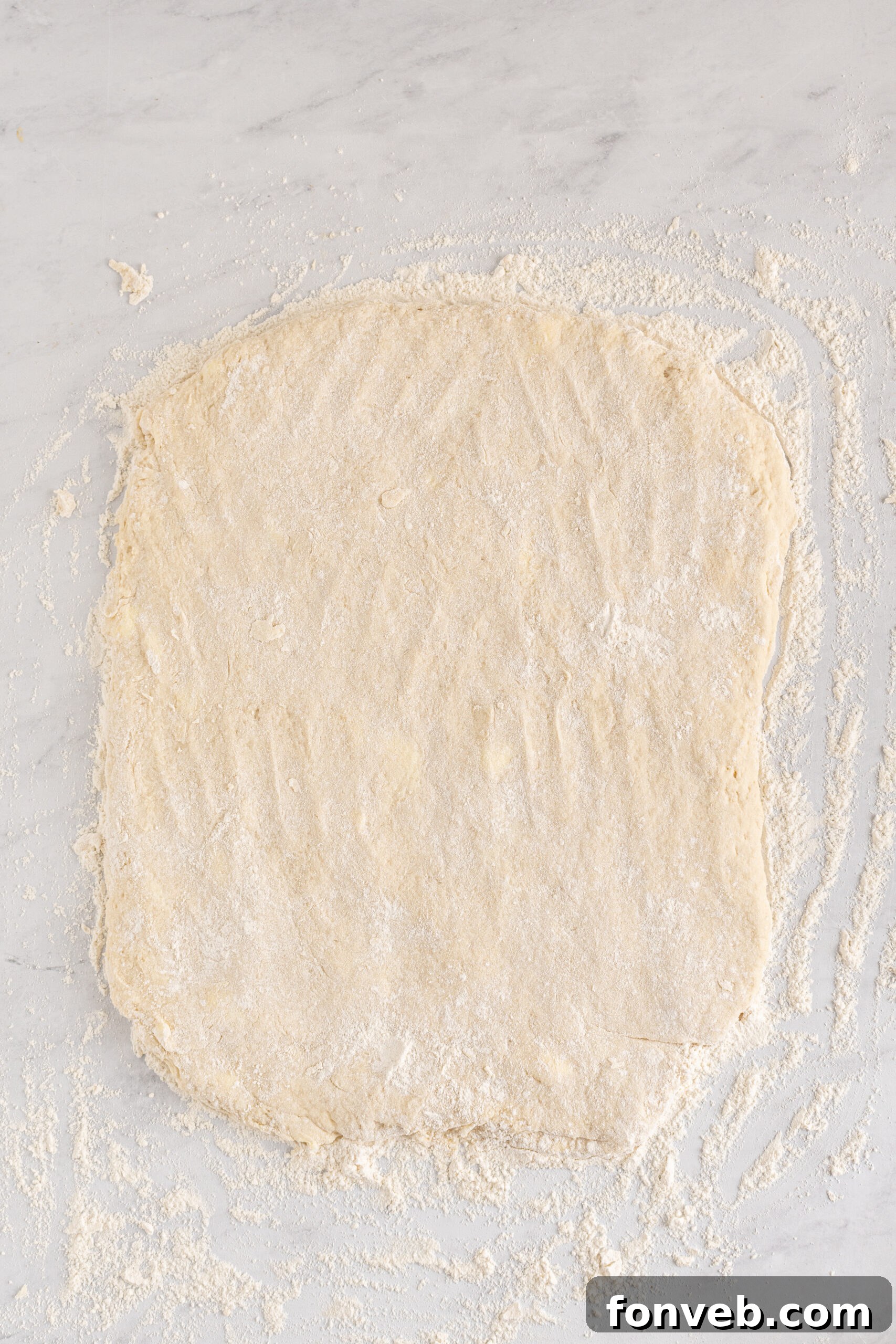 An overhead shot showcasing biscuit dough perfectly rolled out and ready for cutting, highlighting the smooth texture.