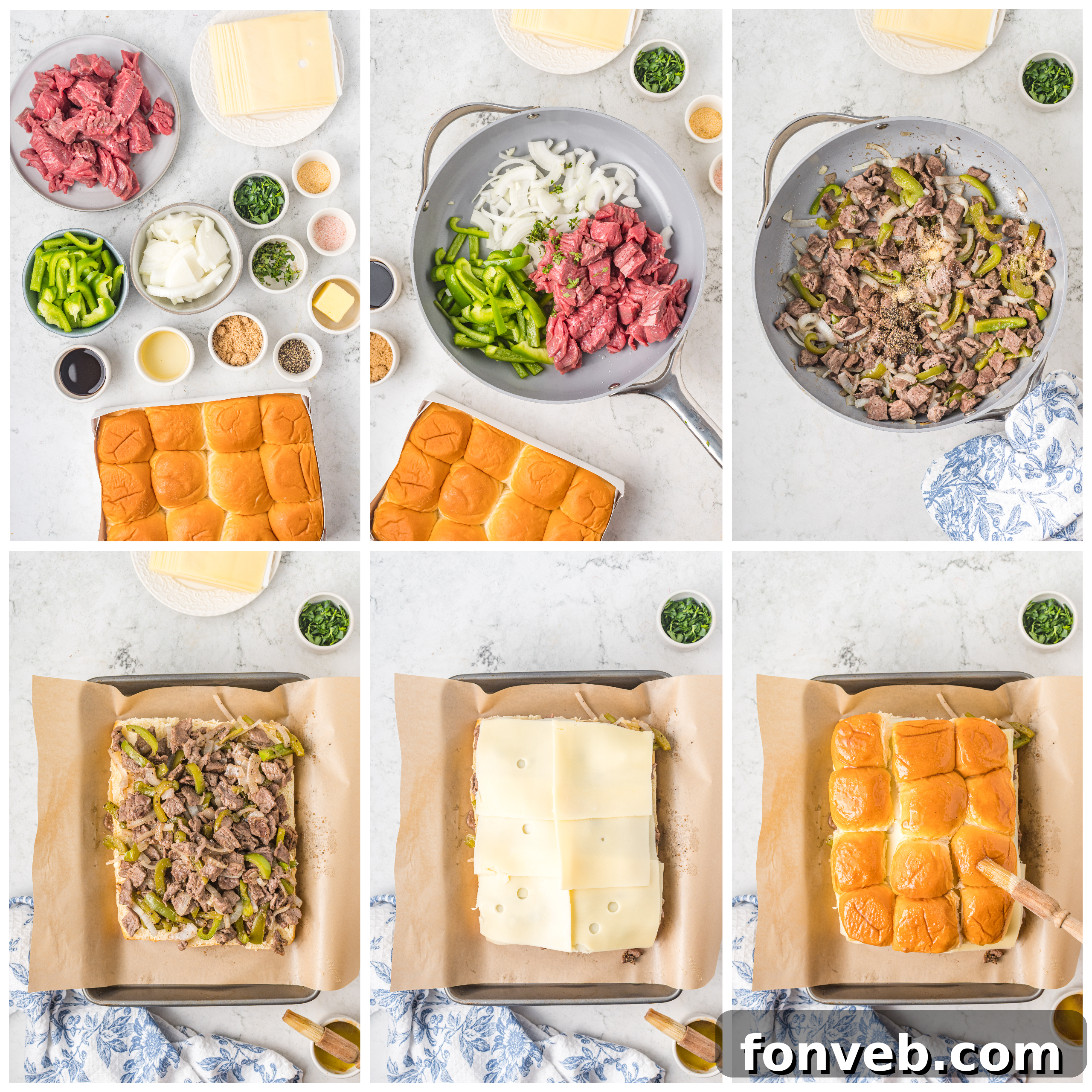 Ultimate Philly Cheesesteak Sliders 7 Overhead shot of the recipe process.