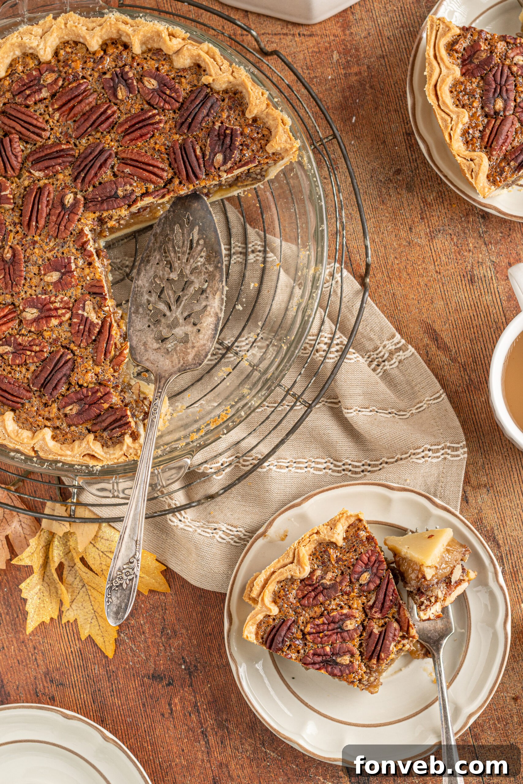 Bourbon Pecan Indulgence 15 Overhead view of cut pecan pie.