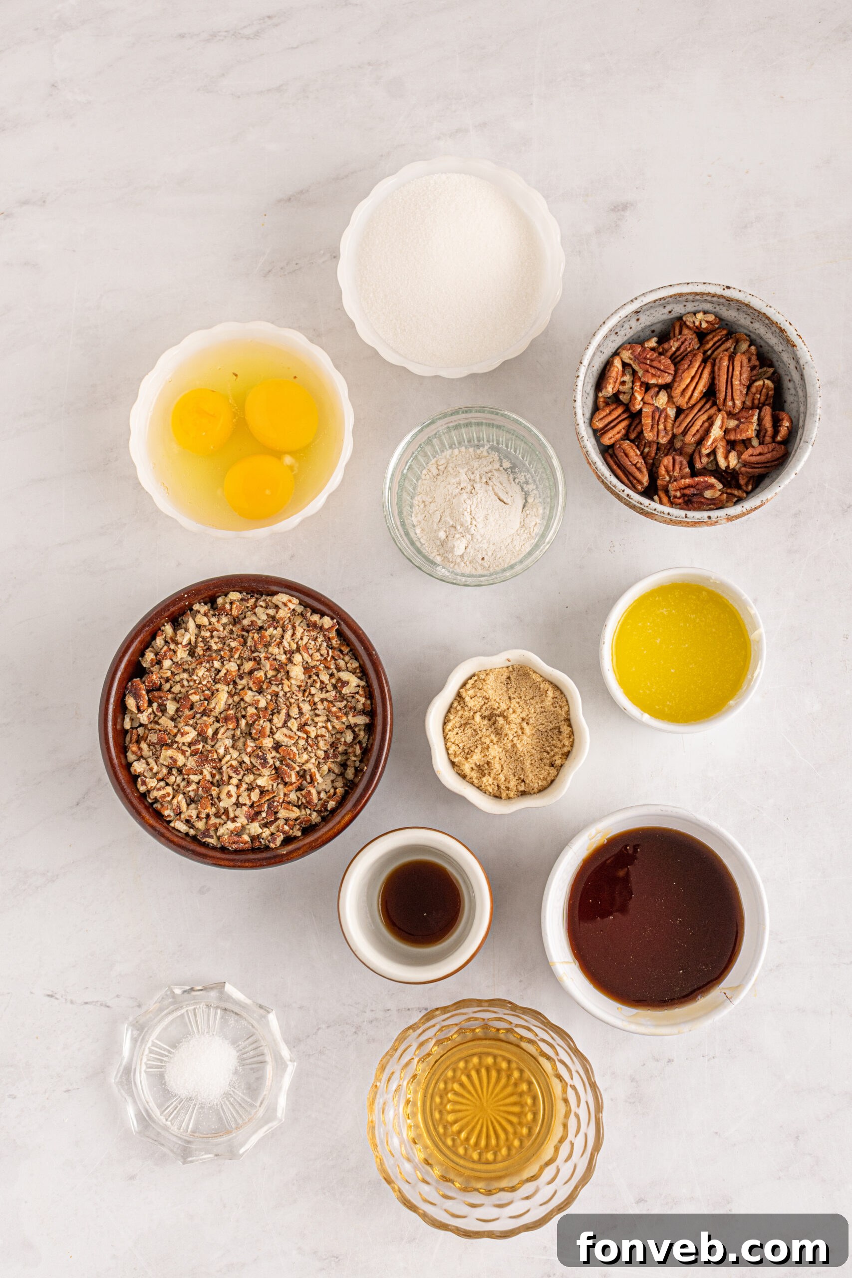 Bourbon Pecan Indulgence 6 Overhead view of ingredients needed for this pecan pie recipe.