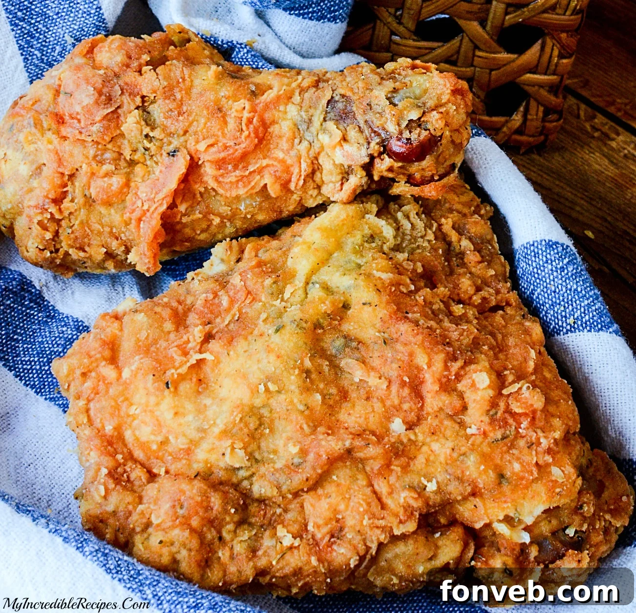 The Southern KFC Fried Chicken Secret Uncovered 2 Golden-brown crispy fried chicken pieces in a basket, embodying the perfect crunch and inviting aroma.