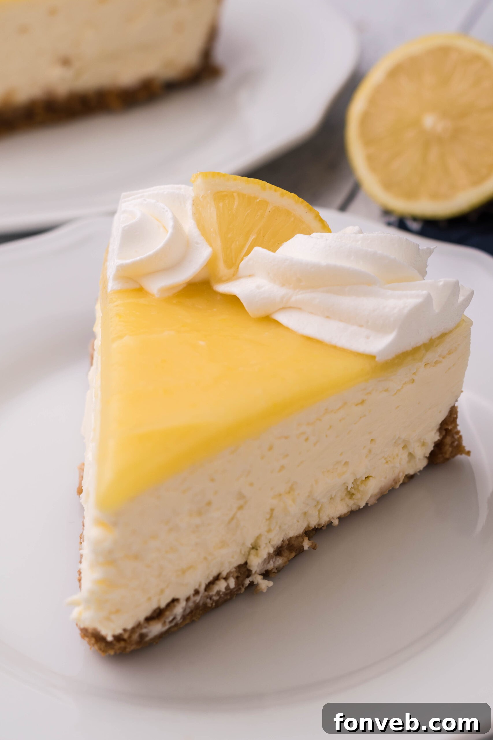 A slice of cheesecake topped with whipped cream and a lemon slice on a white plate.