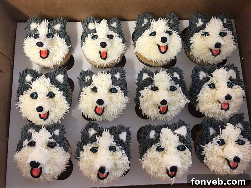 Detailed Husky Dog Cupcakes with realistic fur frosting