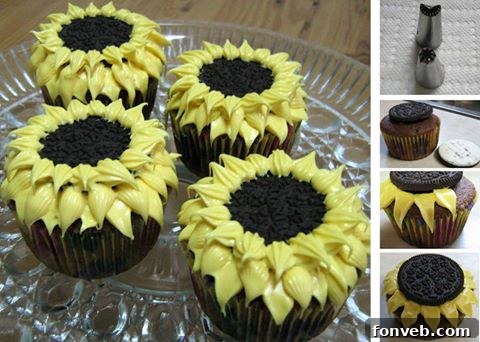 Bright and cheerful Sunflower Cupcakes with chocolate chip centers