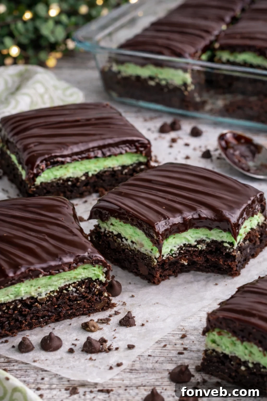 Up close view of a chocolate mint brownies.