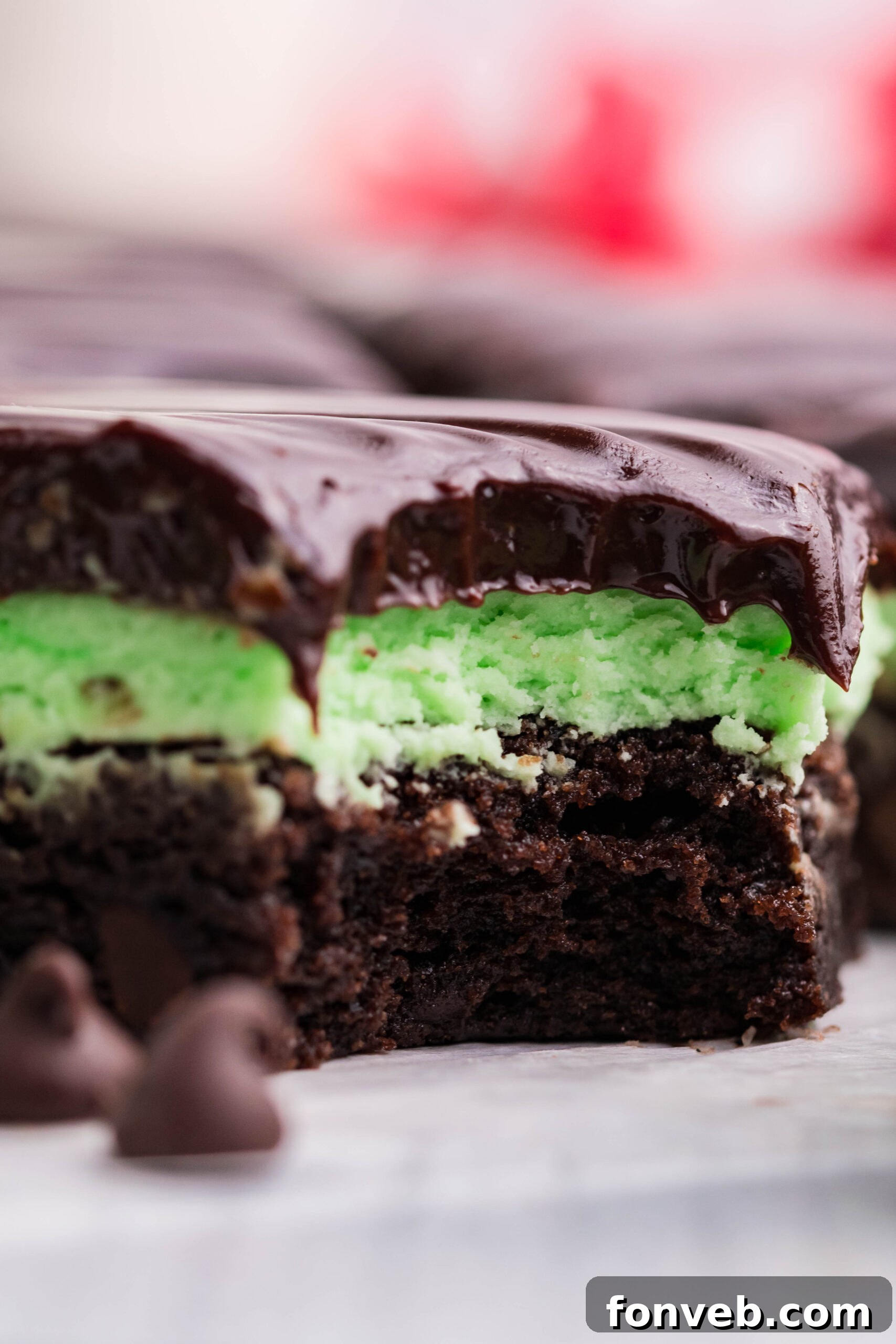 Up close view of the three layers of the mint chocolate brownies.