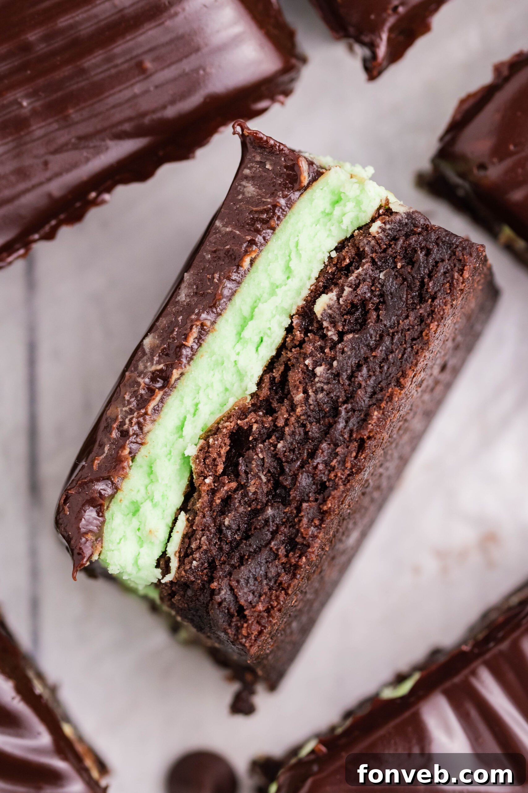 Up close view of the three distinct layers of the chocolate mint brownies.