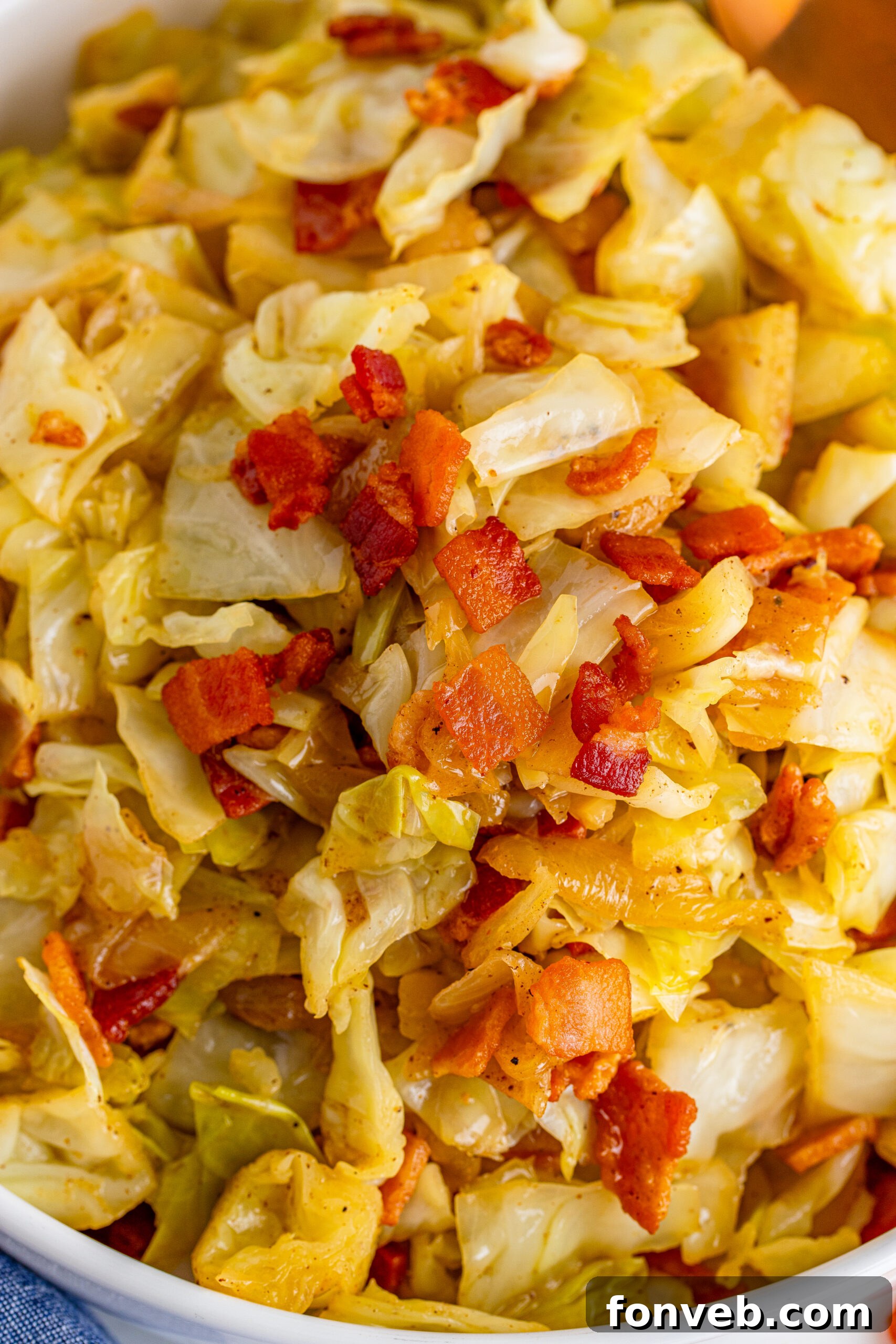 Close up shot of the bacon fried cabbage 