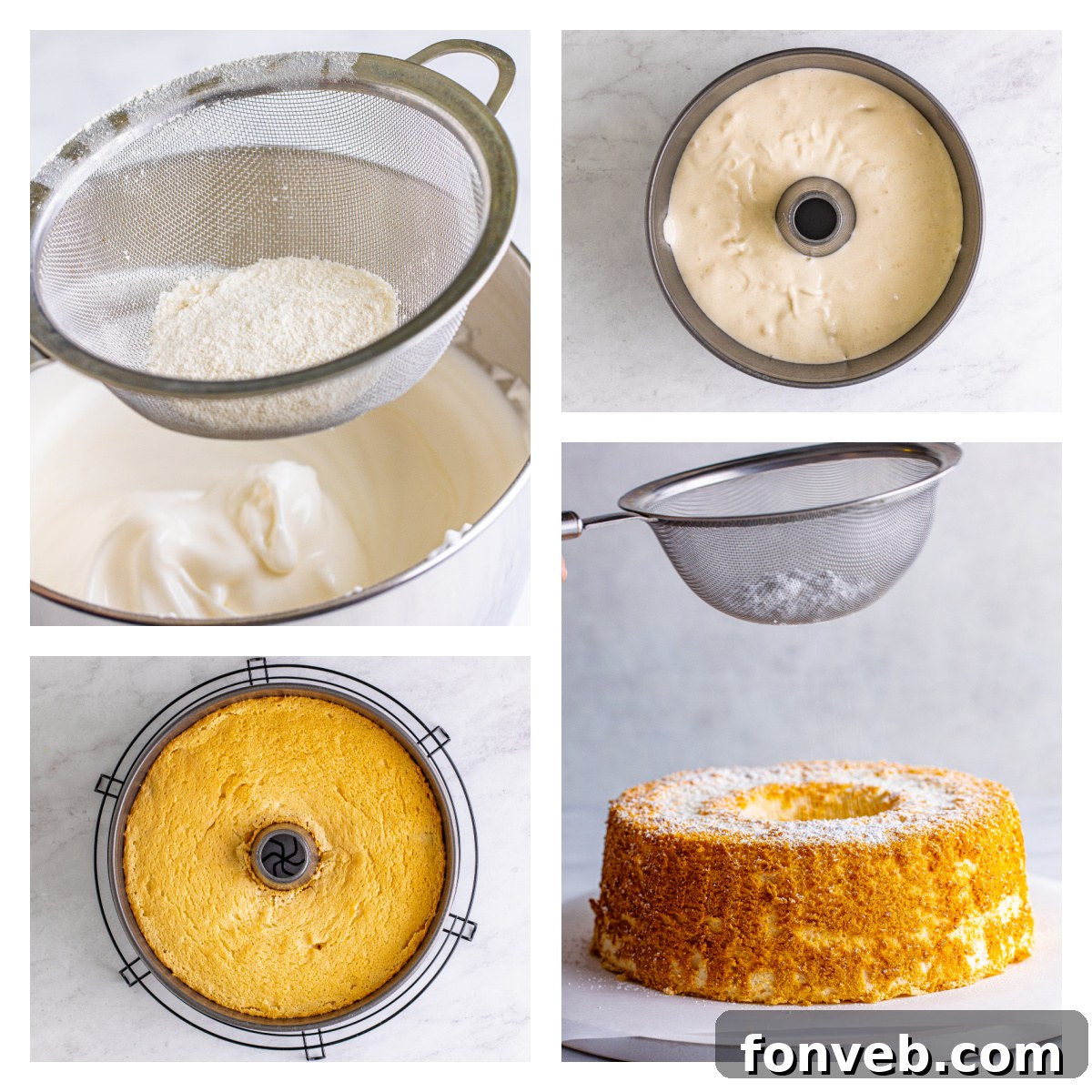 A collage of four step-by-step photos illustrating the process of making Angel Food Cake, from mixing ingredients to folding the batter.