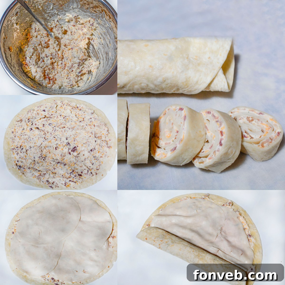 collage of how to assemble the turkey pinwheels 