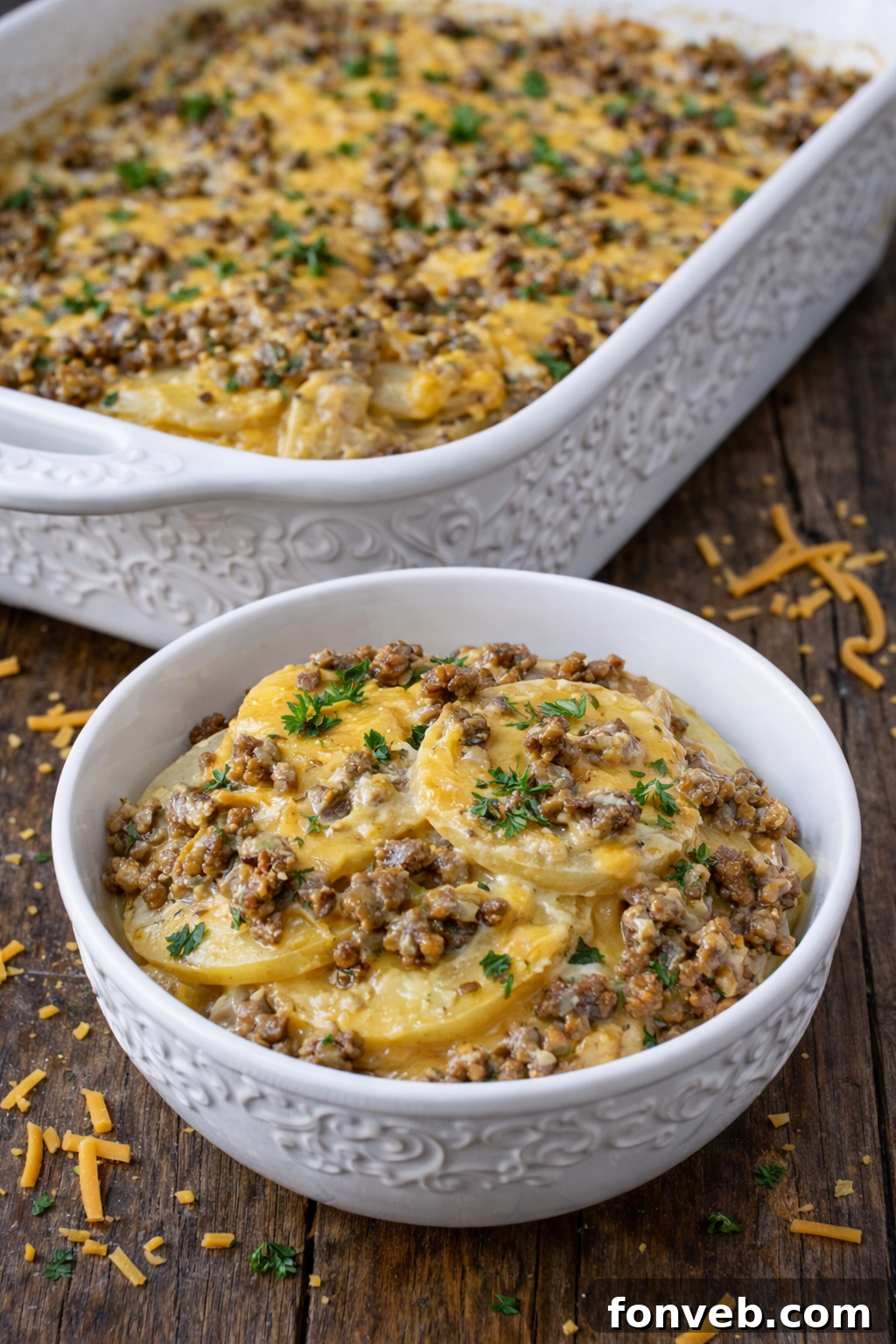 Golden Cheesy Beef and Potato Bake 14 A single serving of Cheesy Ground Beef & Potato Casserole in a white bowl with a subtle design, showcasing its layers.