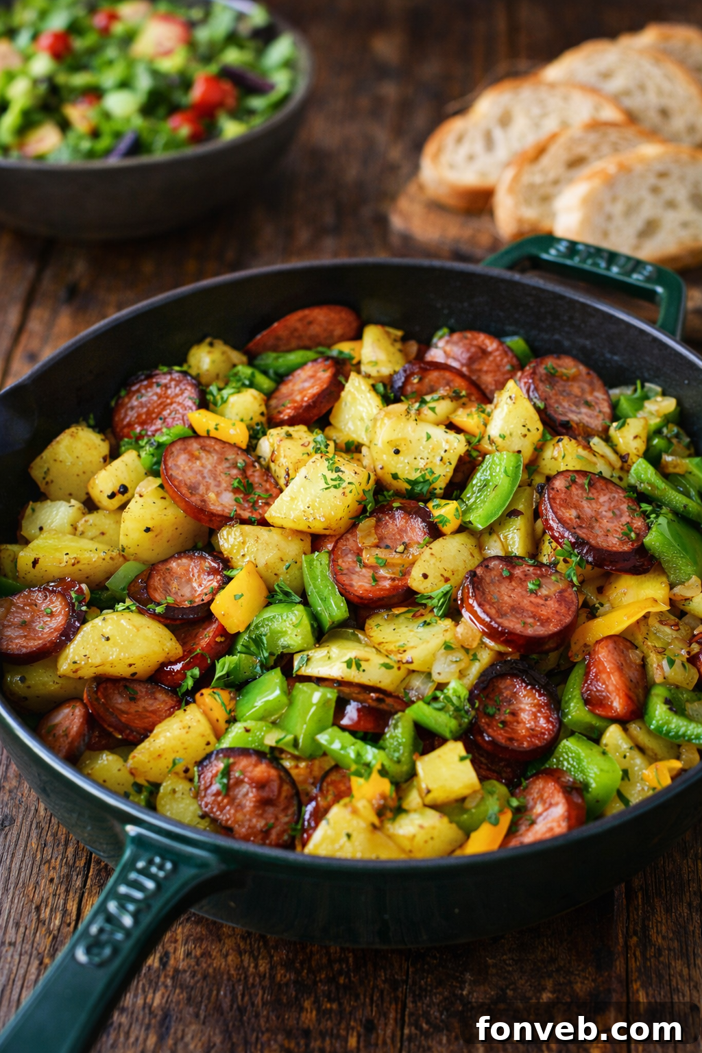 Sausage Peppers and Potatoes in a green skillet