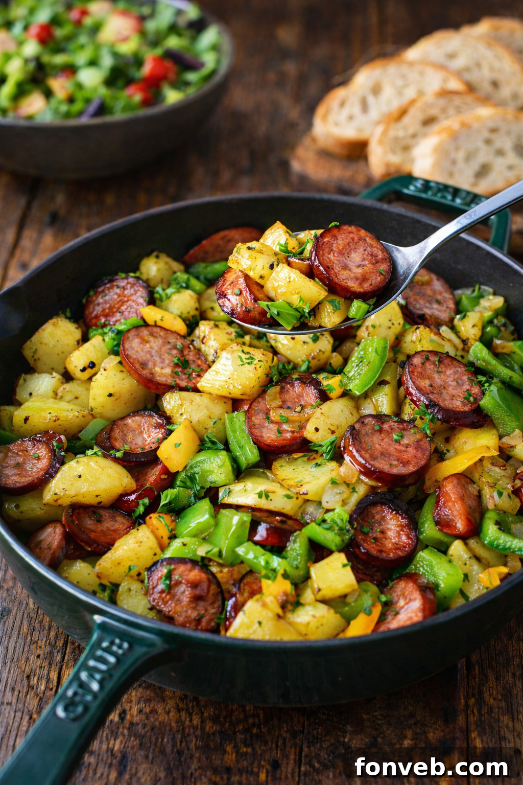 Sausage Peppers and Potatoes in a green skillet with a spoon lifting up a bite