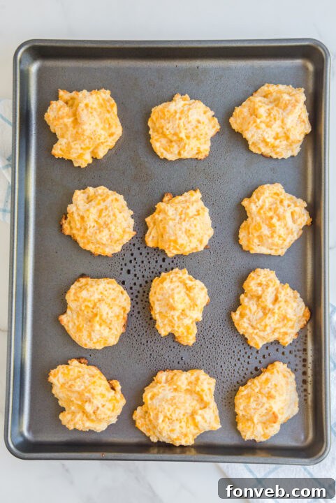 Freshly brushed Cheddar Bay Biscuits on a baking sheet, glistening with butter