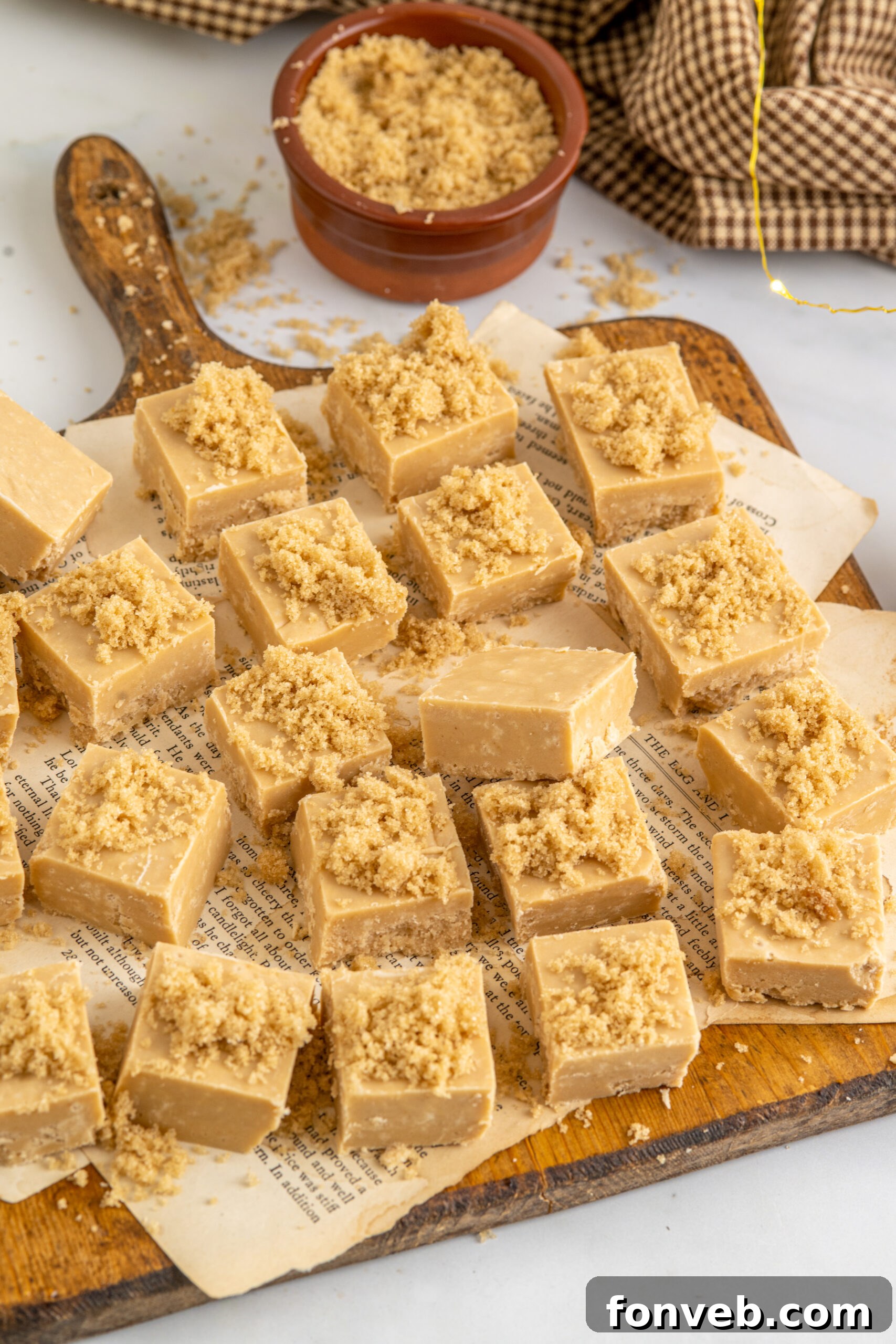 Overhead view of Penuche Fudge, showcasing its inviting golden-brown color and perfect squares.